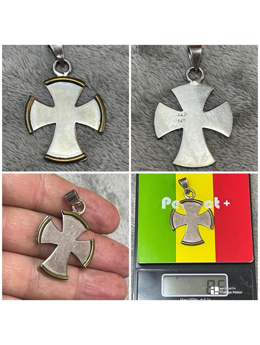 Vtg Sterling Silver & Brass Edge Cross Pendant Mexico Silversmith ( 2” Inch)